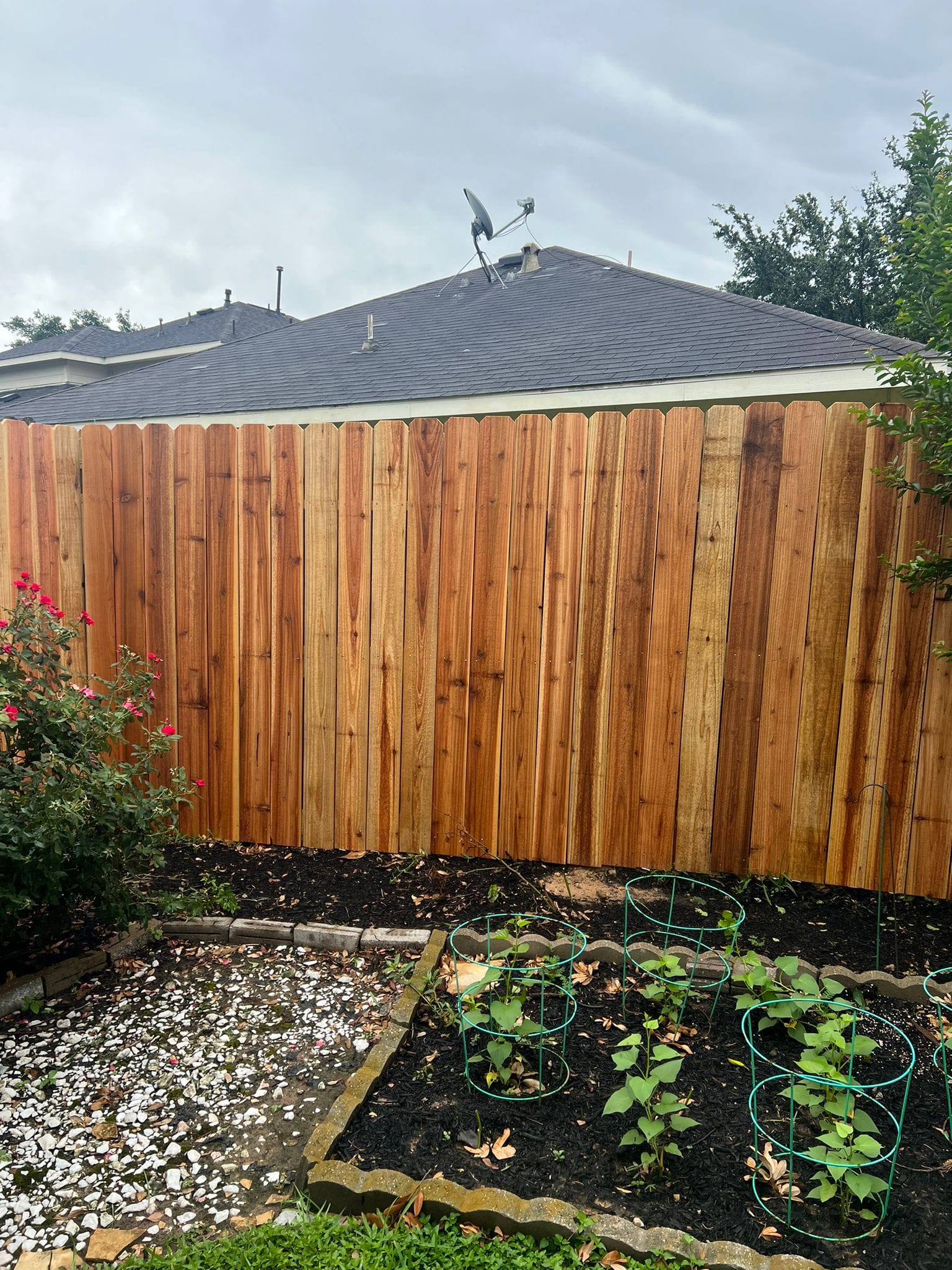 Wood privacy fence behind a planted garden bed in La Marque