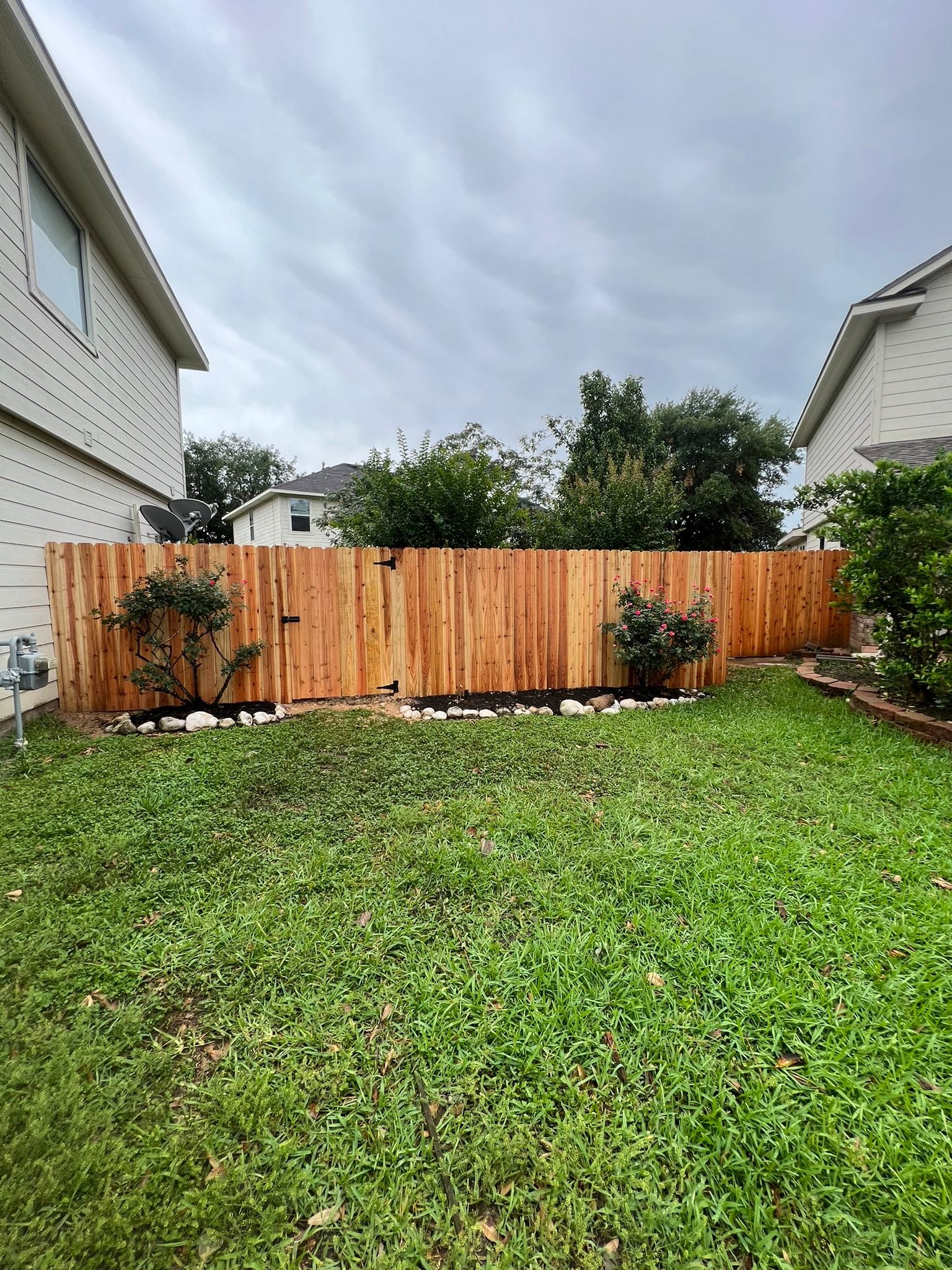 Red western cedar privacy fence behind low shrubs in La Marque