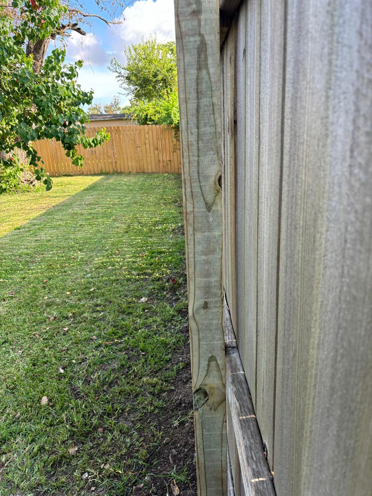 Wood privacy fence viewed along its length, Kemah, Texas