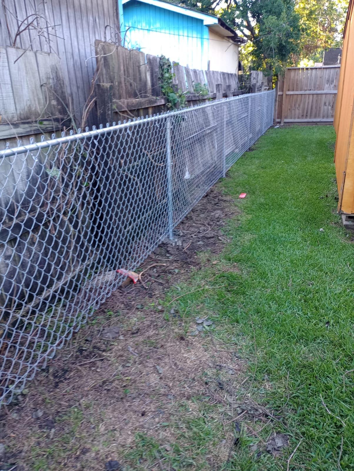 Galvanized chain link fence running along a narrow side lawn, with older wood privacy fences on the neighboring lots beyond