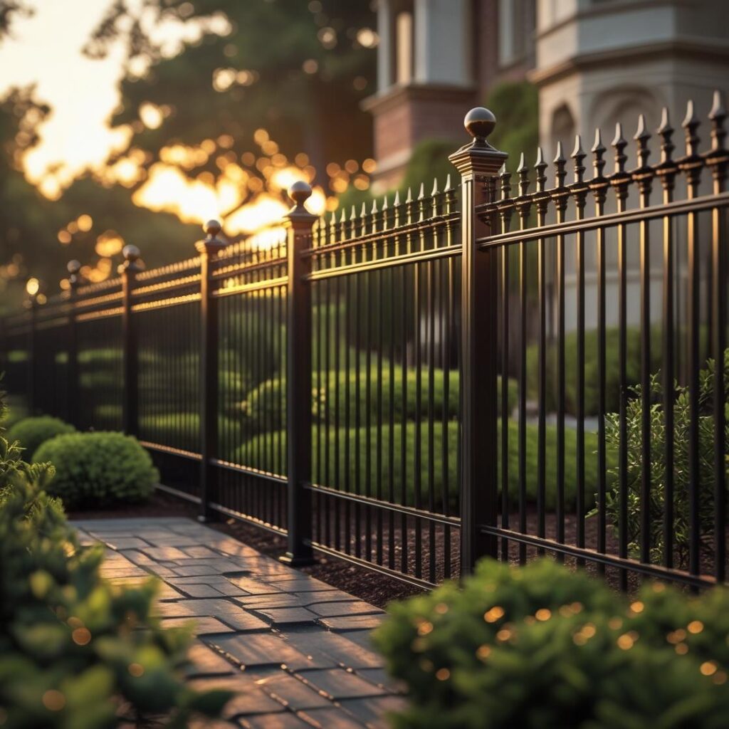 Ornamental metal fence along a garden pathway