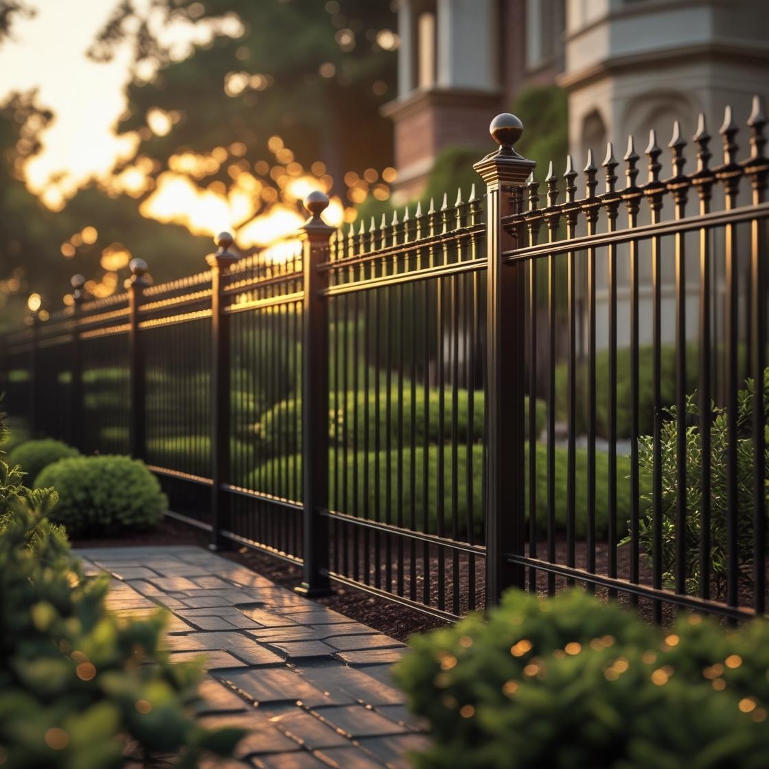 Ornamental metal fence along a garden pathway