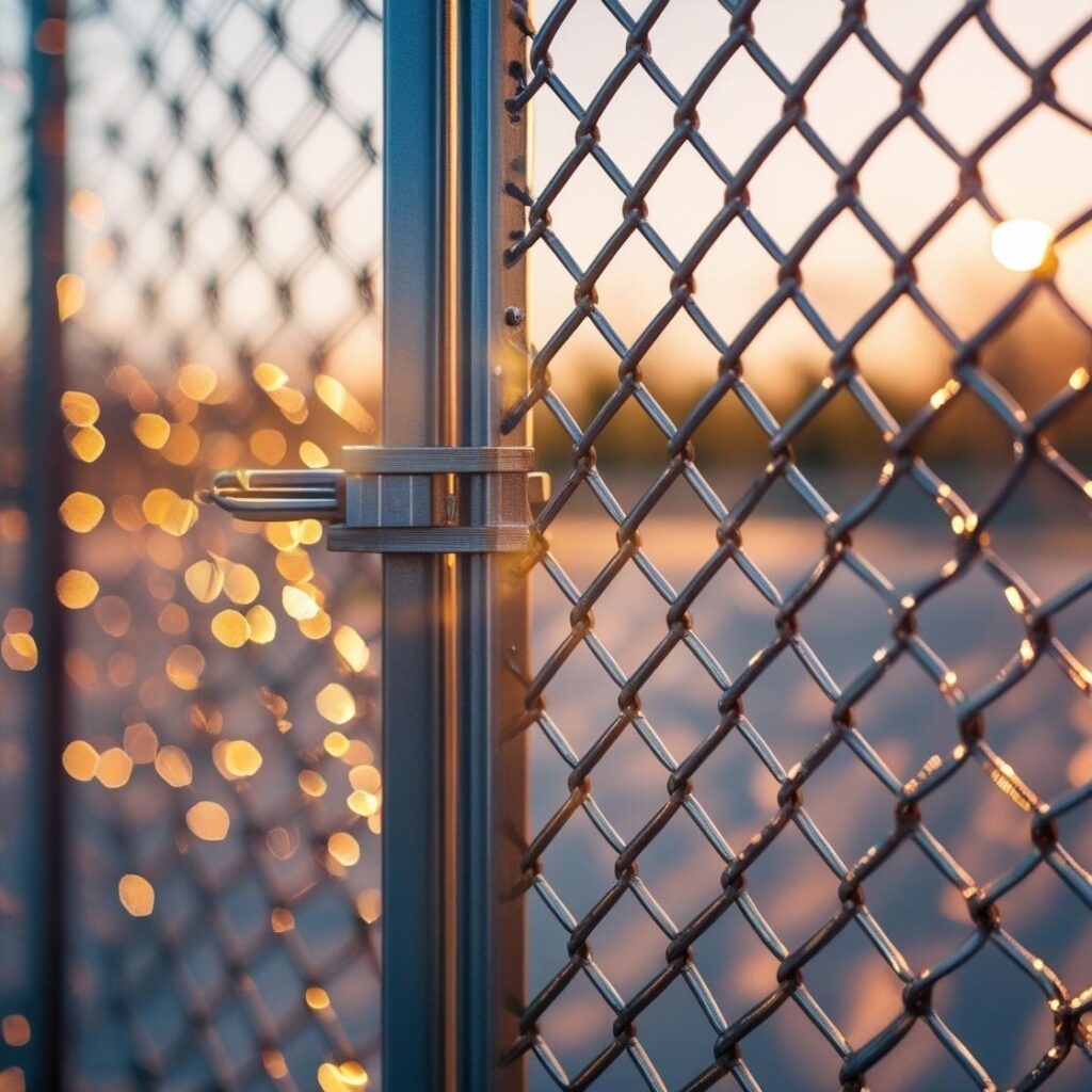 Chain link fence gate hardware and latch detail at sunset