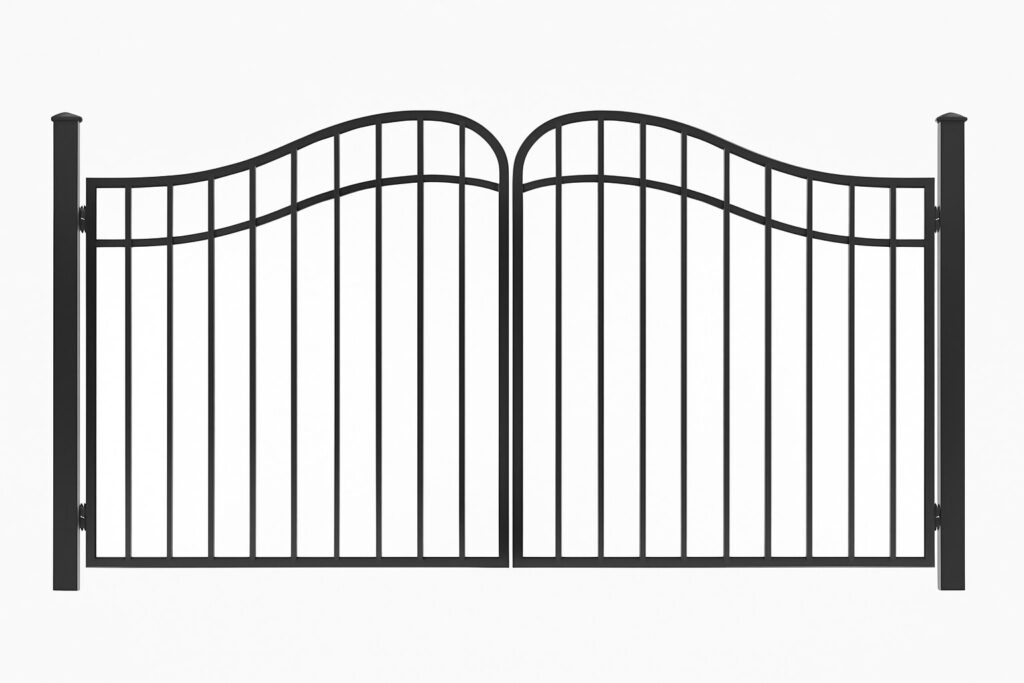 Custom double-arch iron swing gate detail