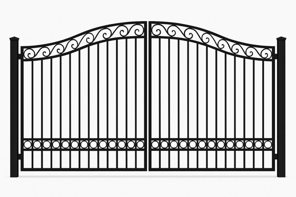 Custom iron driveway gate with scroll and ring detailing