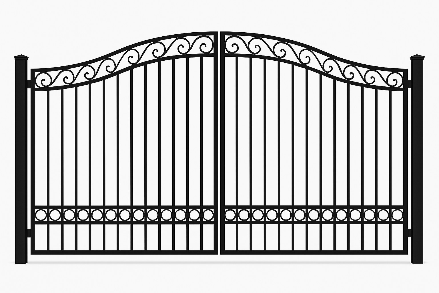 Custom iron driveway gate with scroll and ring detailing