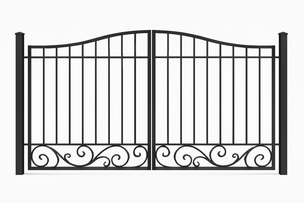 Custom ornamental iron driveway gate with scrollwork detailing