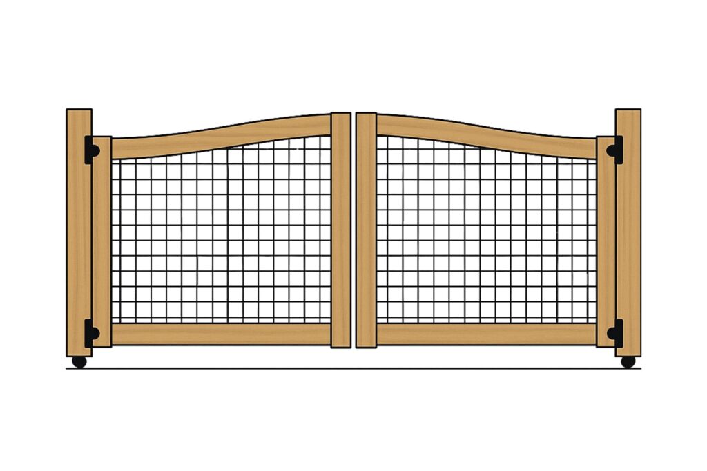 Farmhouse-style wood gate with hog wire panel