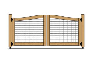 Farmhouse-style wood gate with hog wire panel