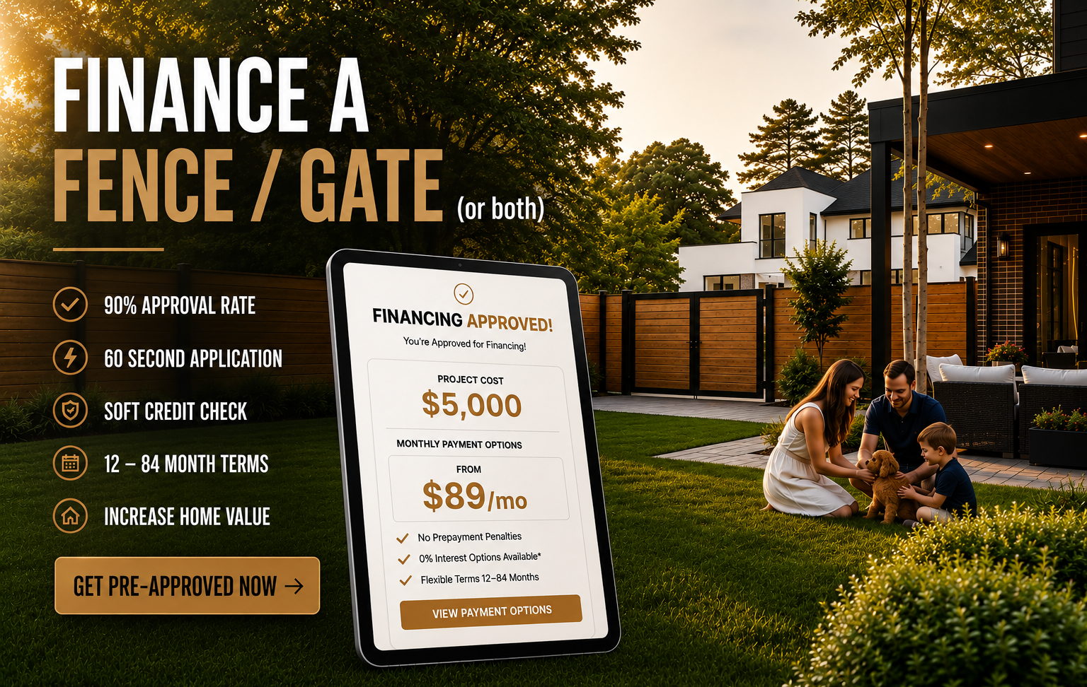 Finance a fence or gate in Galveston, TX with Mustang Fencing — 90% approval rate, 60-second application, soft credit check, 12–84 month terms