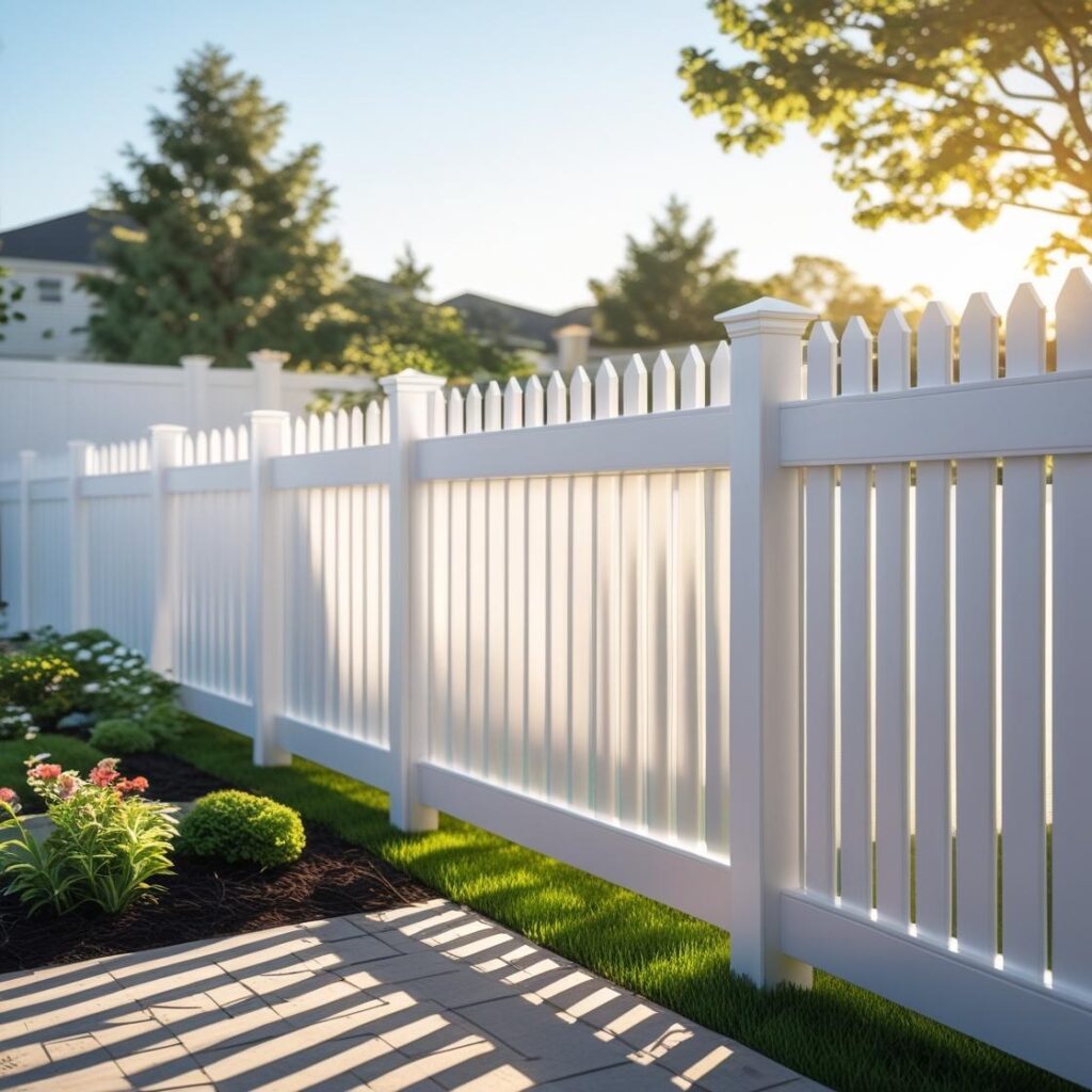 Vinyl privacy fence in a sunlit backyard garden