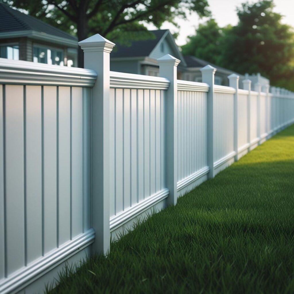 White vinyl privacy fence enclosing a residential yard