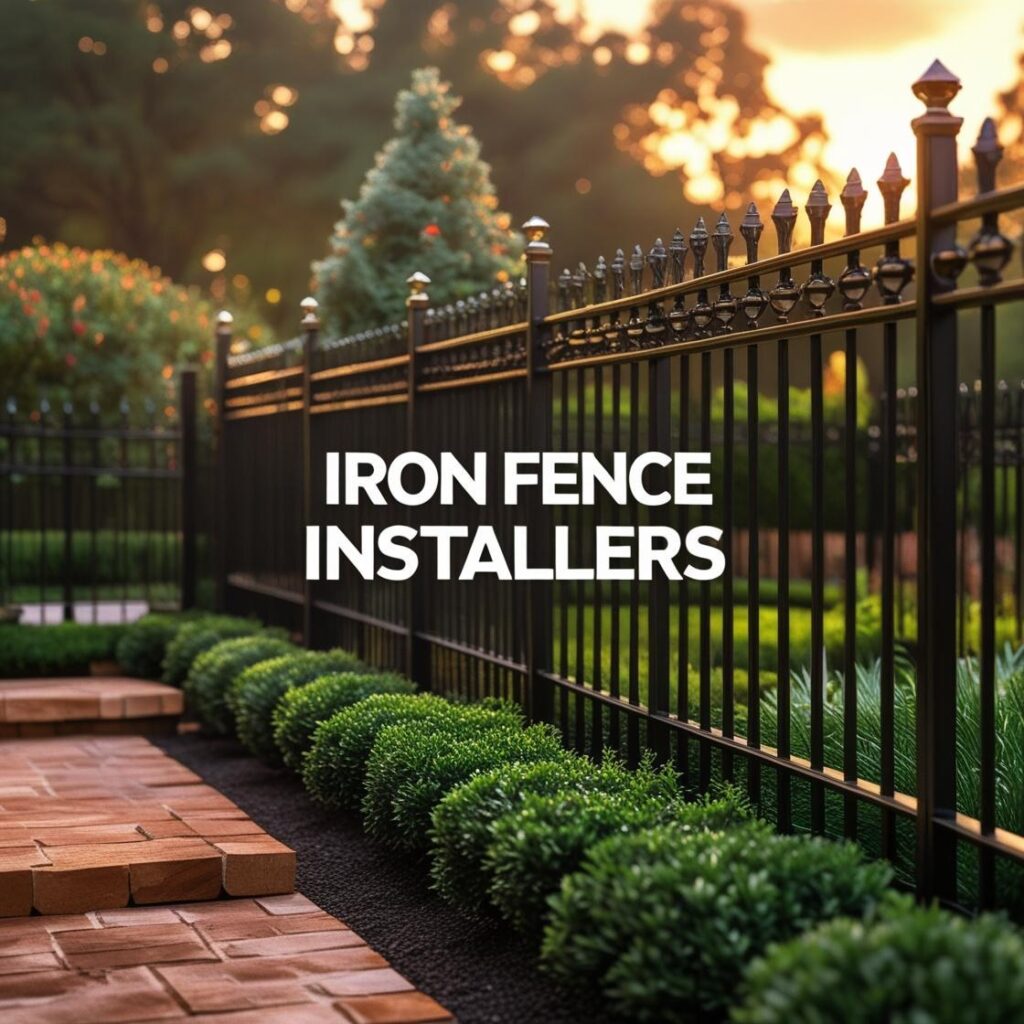 Wrought iron style fence bordering a garden bed