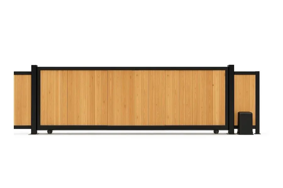 Product render: 16ft Wide x 4ft Tall Sliding Wood Driveway Gate with Black Iron Frame and Bottom Track System