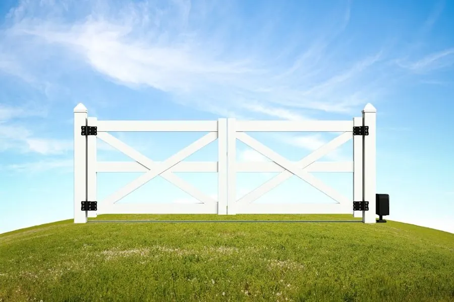 Product render: 3-Rail Crossbuck White Vinyl Farm-Style Double Swing Gate with black steel hinges and Decorative Post Caps