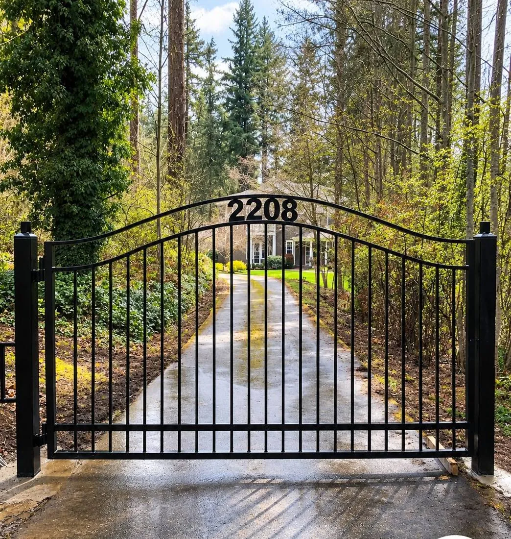 Arched iron gate with address numbers on a wooded drive