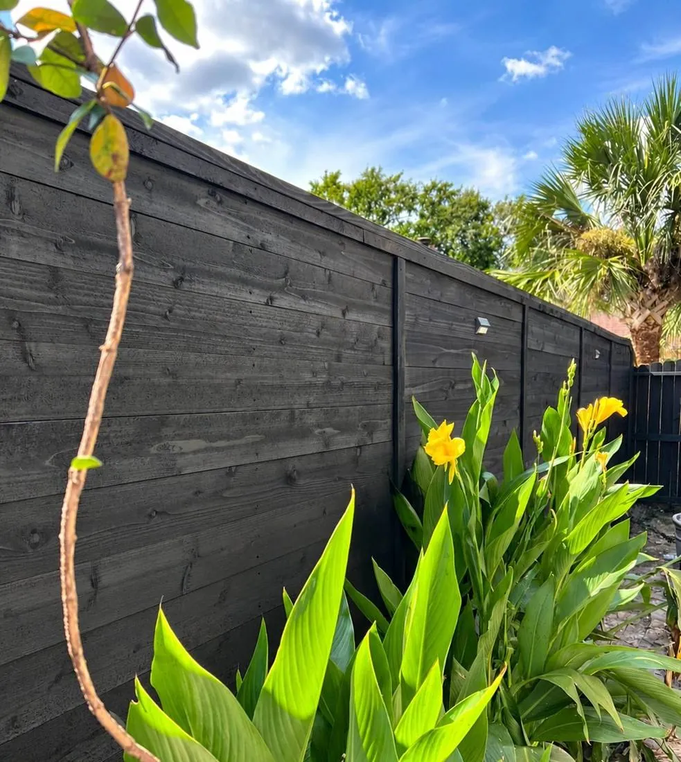 Black horizontal wood fence with tropical plants