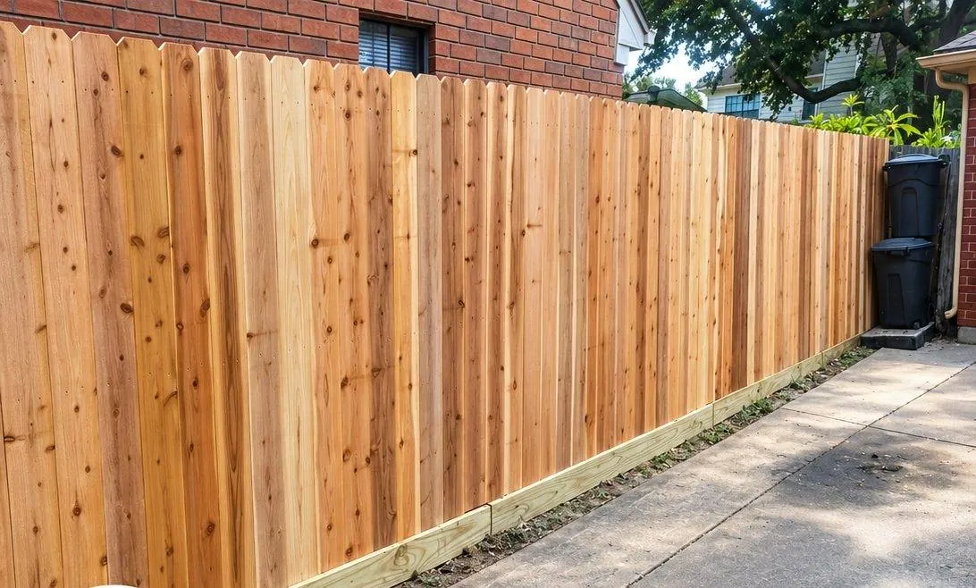 Cedar privacy fence along a concrete path