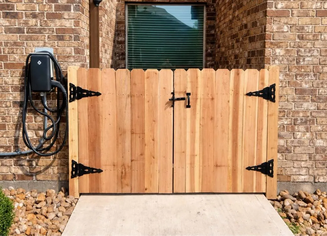 Cedar side gate with black strap hinges