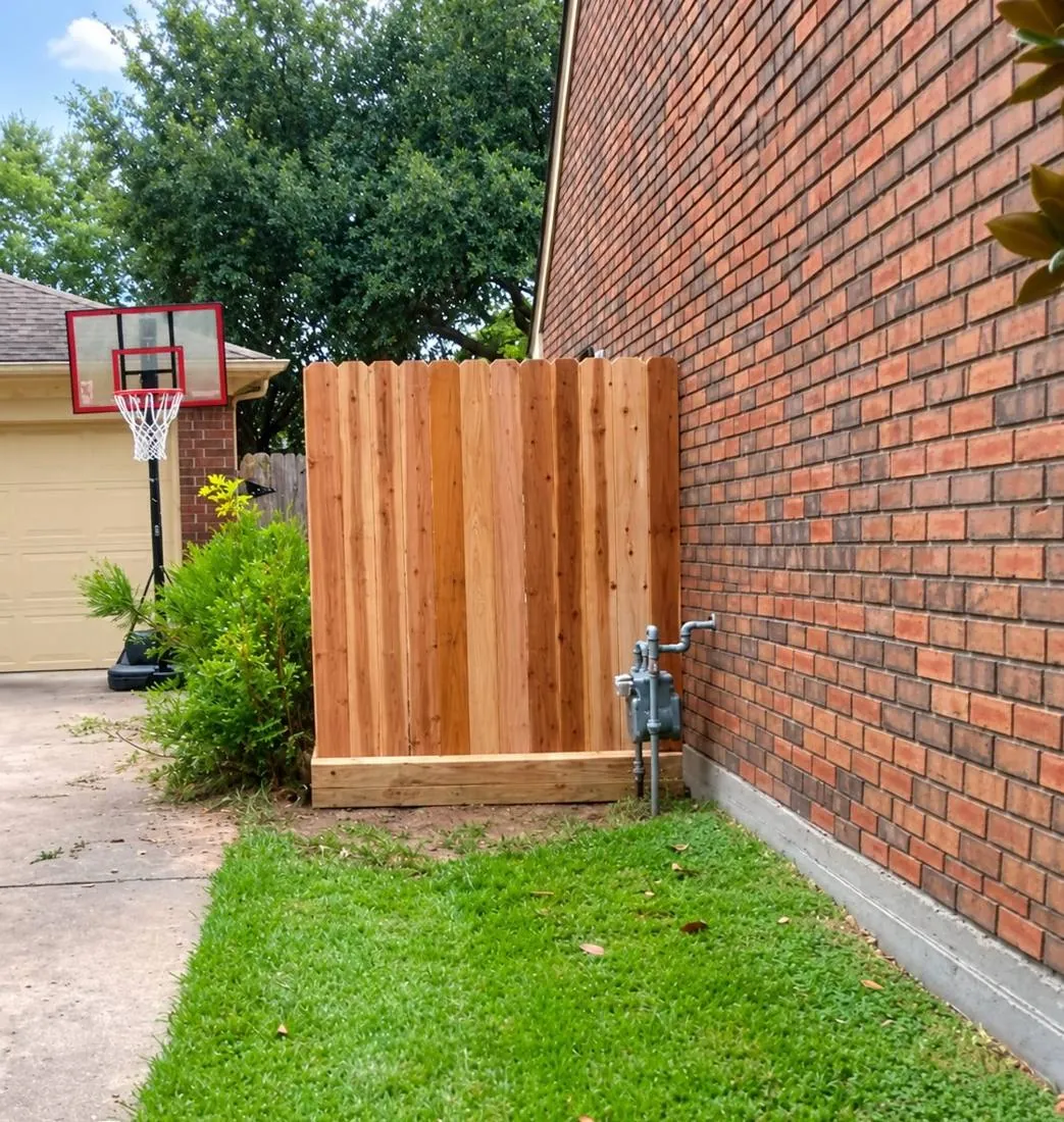 Cedar side-yard gate beside a brick wall