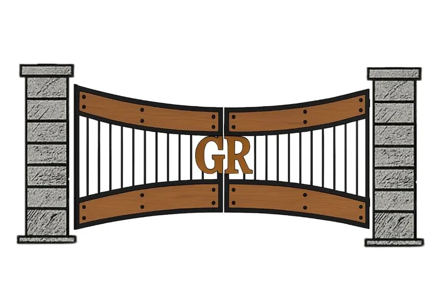 Product render: Custom Ranch Driveway Curved Wood and Iron Gate With Brick Pillars