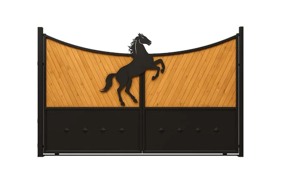 Product render: Custom Wood and Iron Driveway Gate with Decorative Horse Silhouette and Diagonal Wood Planks