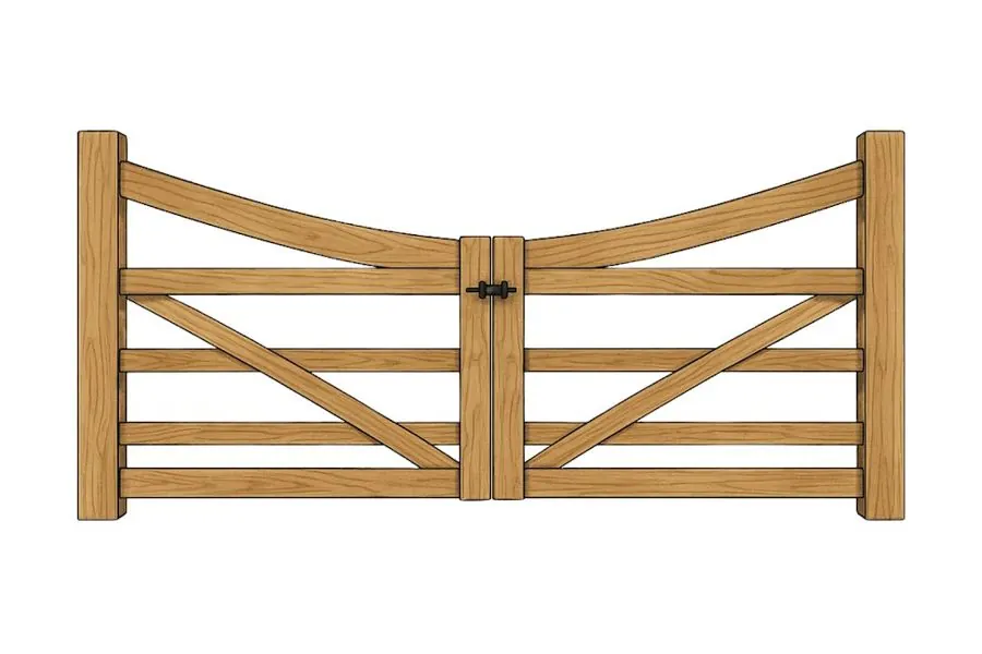 Product render: Double Swing Farmhouse Driveway Gate with Sloped Top and Cross-Brace Design