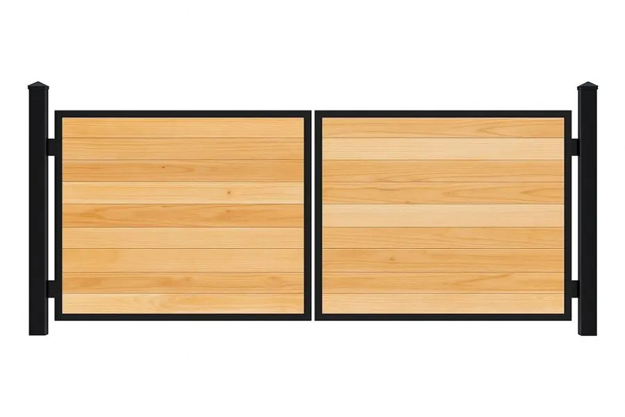 Product render: Dual Swing Wood & Iron Driveway Gate With Horizontal Pickets