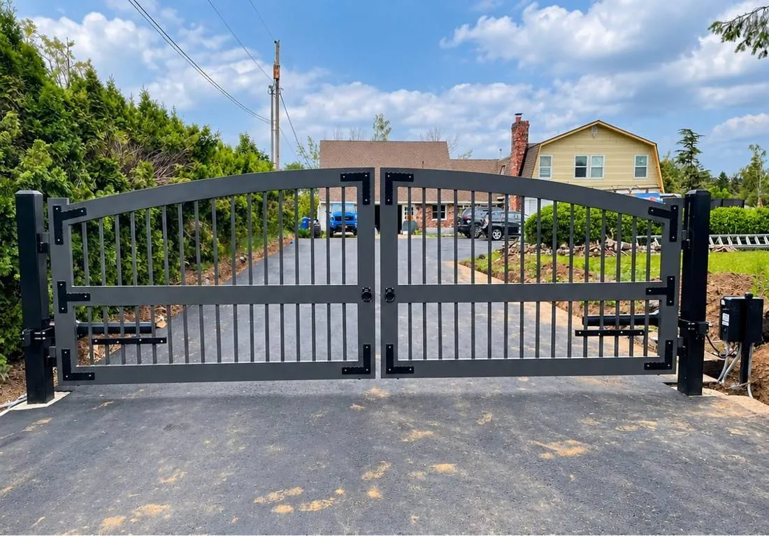 Flat-top black double driveway gate