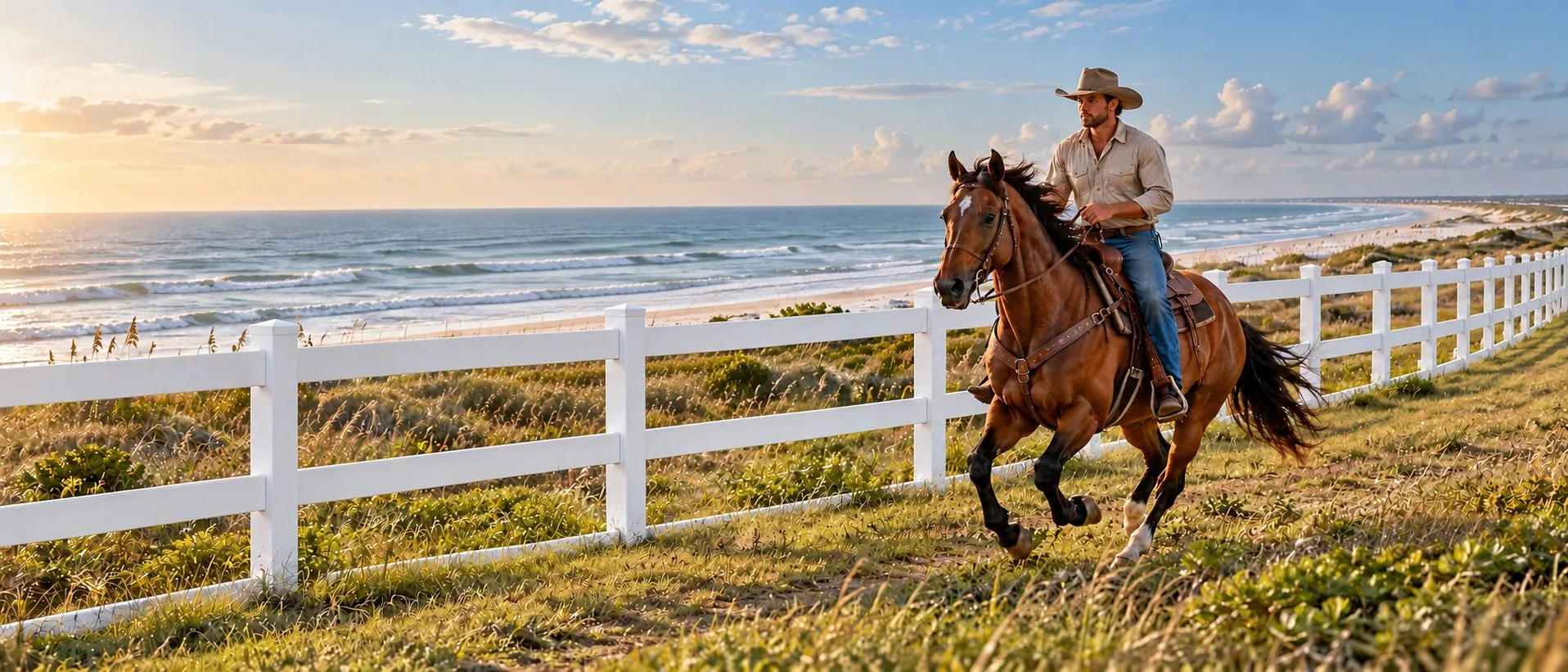 Rider on horseback galloping beside a white rail fence above the dunes and a Gulf beach