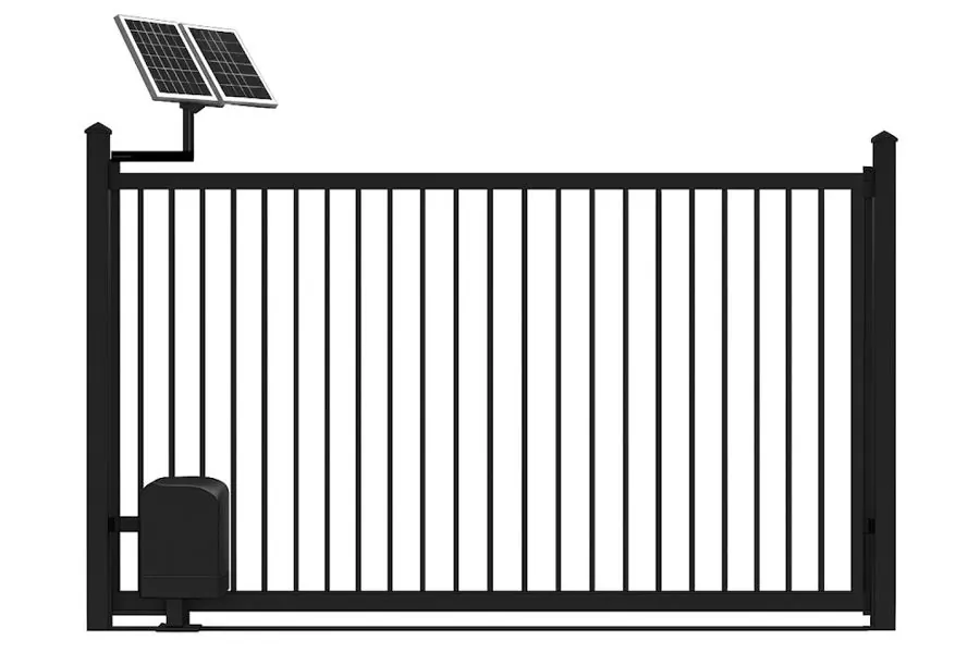 Product render: High Flat Top Flat Bottom Sliding Iron Automatic Gate · Solar Operated