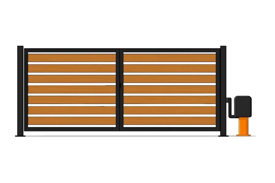 Product render: Horizontal Wood Slat Automatic Driveway Gate with Black Iron Frame