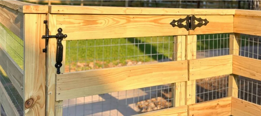 Latch hardware on a wood rail gate
