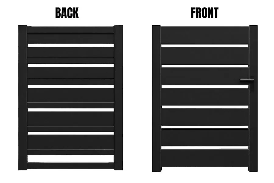 Product render: Modern Horizontal Slat Black Aluminum WPC Walk-In Gate with Privacy Gaps