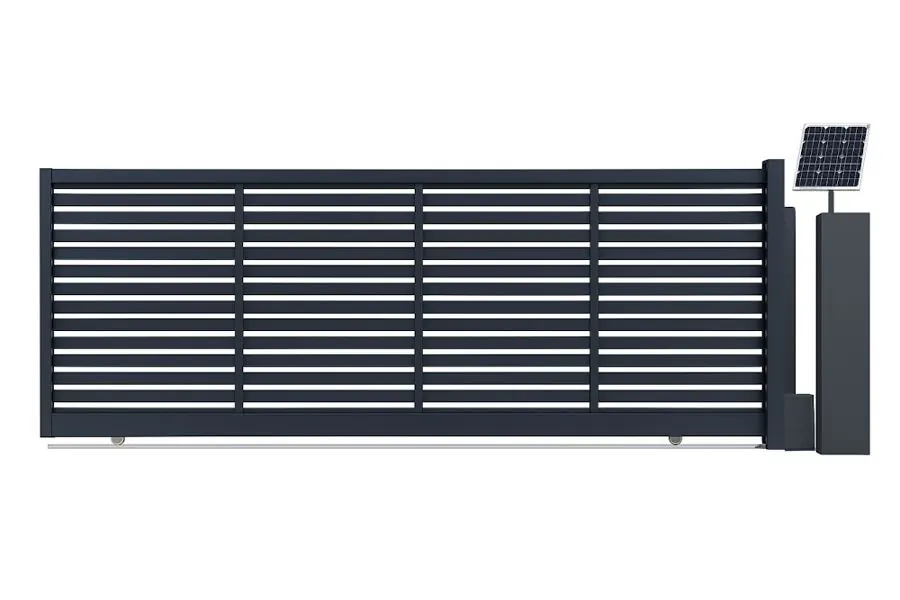 Product render: Modern Horizontal Slat WPC Aluminum Sliding Driveway Gate · 16ft Wide x 5ft Tall (Solar Operated)