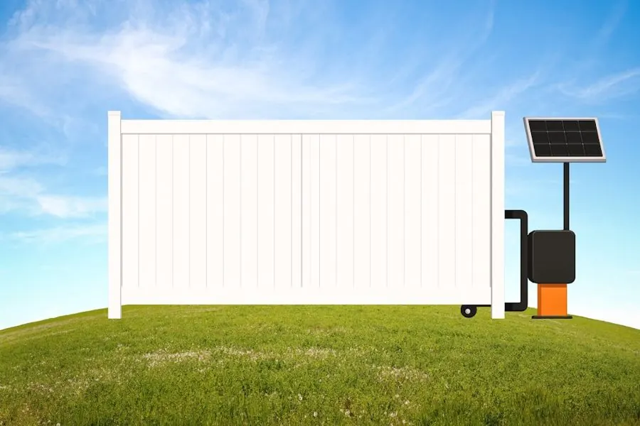 Product render: Modern White Vinyl Sliding Driveway Automatic Gate with Privacy Panels and Reinforced Frame · solar powered