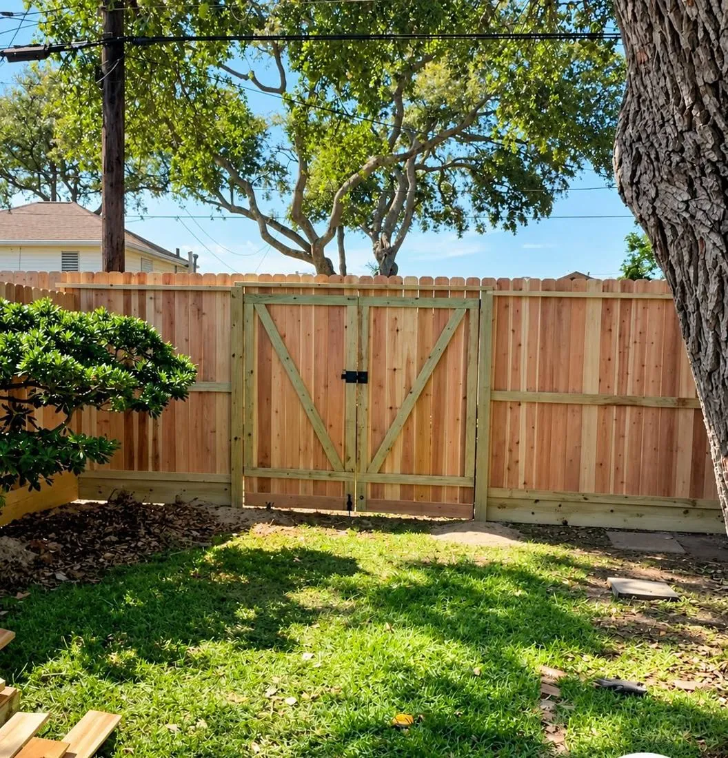 Pine privacy fence among trees