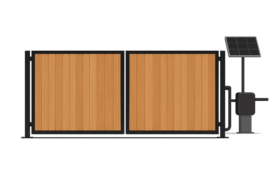 Product render: Solar Operated Dual Swing Wood & Iron Driveway Gate With Vertical Pickets
