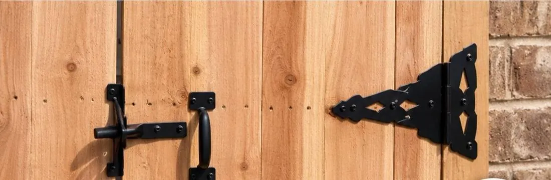 Strap hinge and latch on a cedar gate
