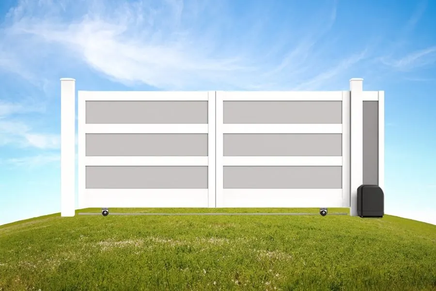 Product render: White Vinyl Automatic Sliding Driveway Gate with Frosted Privacy Panels