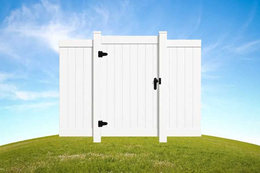 Product render: White Vinyl Walk Gate with Vertical Pickets · 4ft x 6ft Residential Privacy Design
