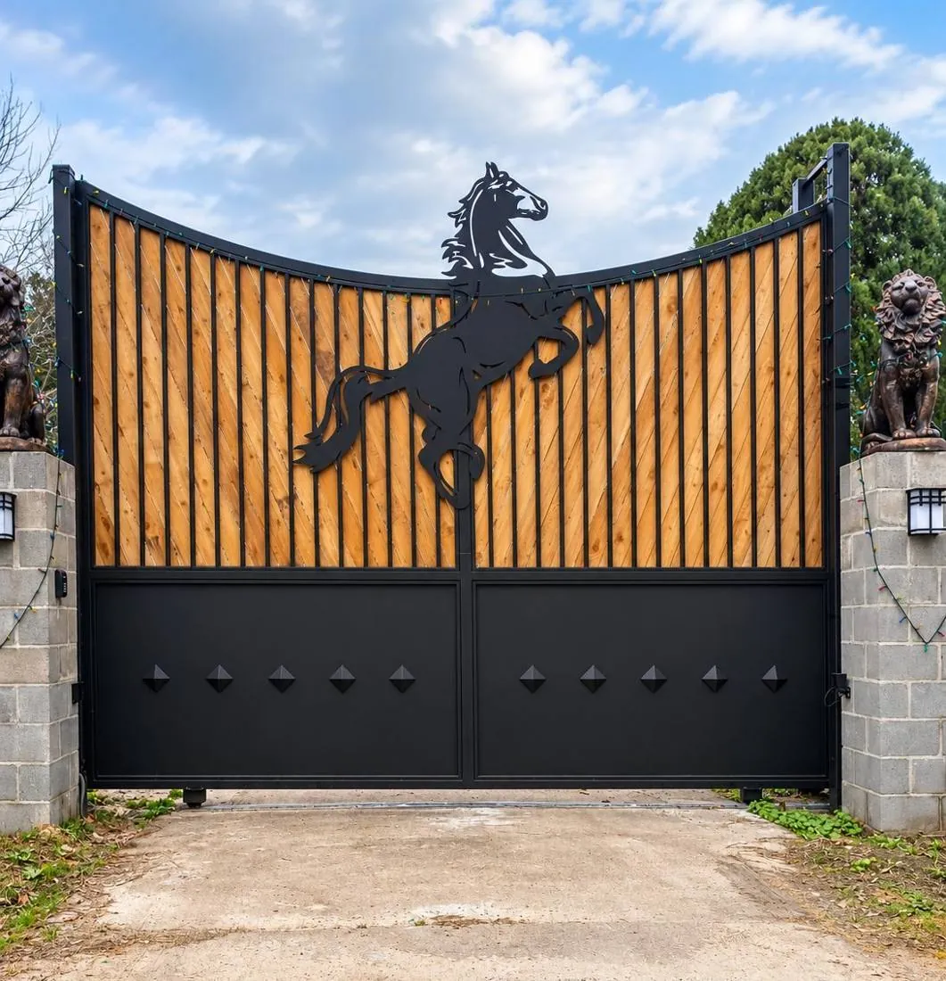 Wood and steel driveway gate with a horse silhouette