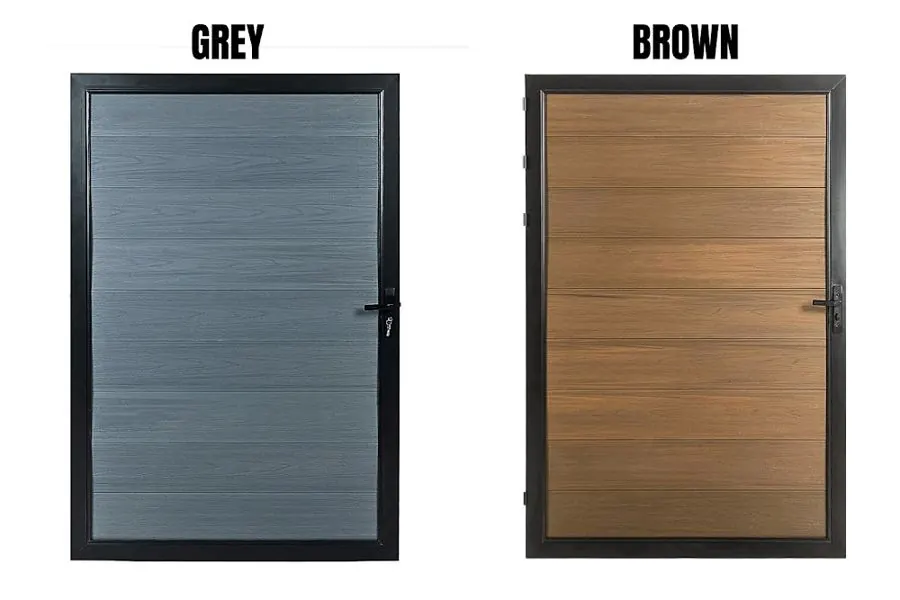 Product render: WPC Aluminum Walk Gate with Horizontal Panels and Black Frame · Grey or Brown